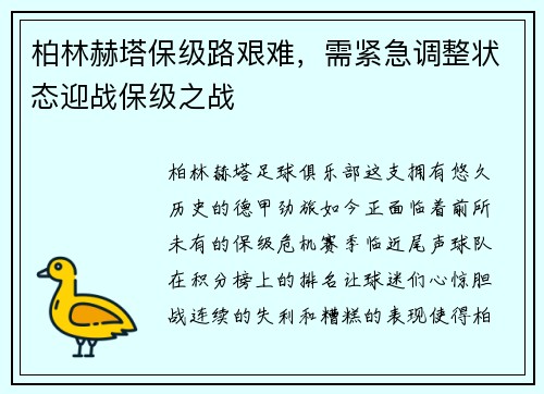 柏林赫塔保级路艰难，需紧急调整状态迎战保级之战