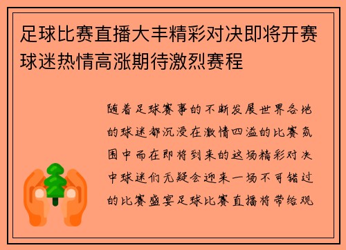 足球比赛直播大丰精彩对决即将开赛球迷热情高涨期待激烈赛程